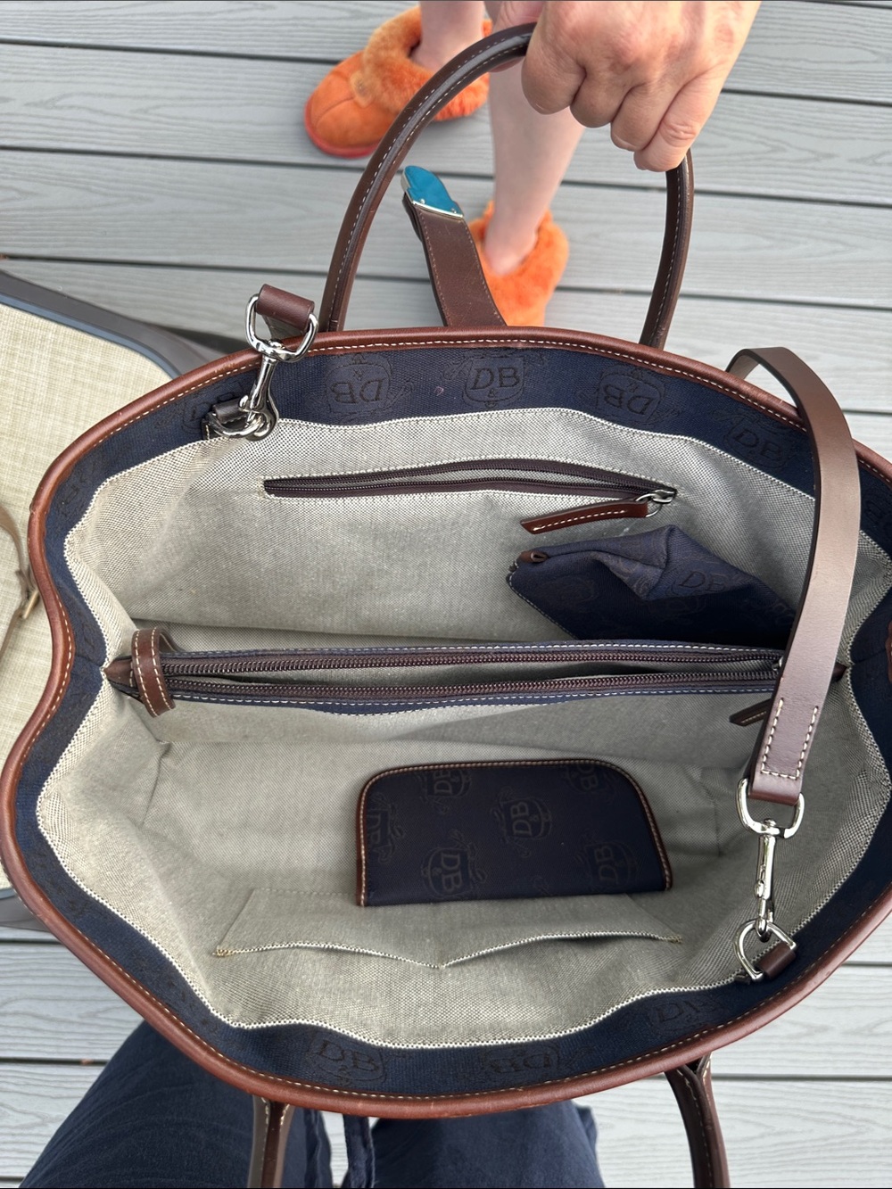 Dooney & Bourke Navy and Brown Monogram Handbag with Matching Pouch - Picture 13 of 16